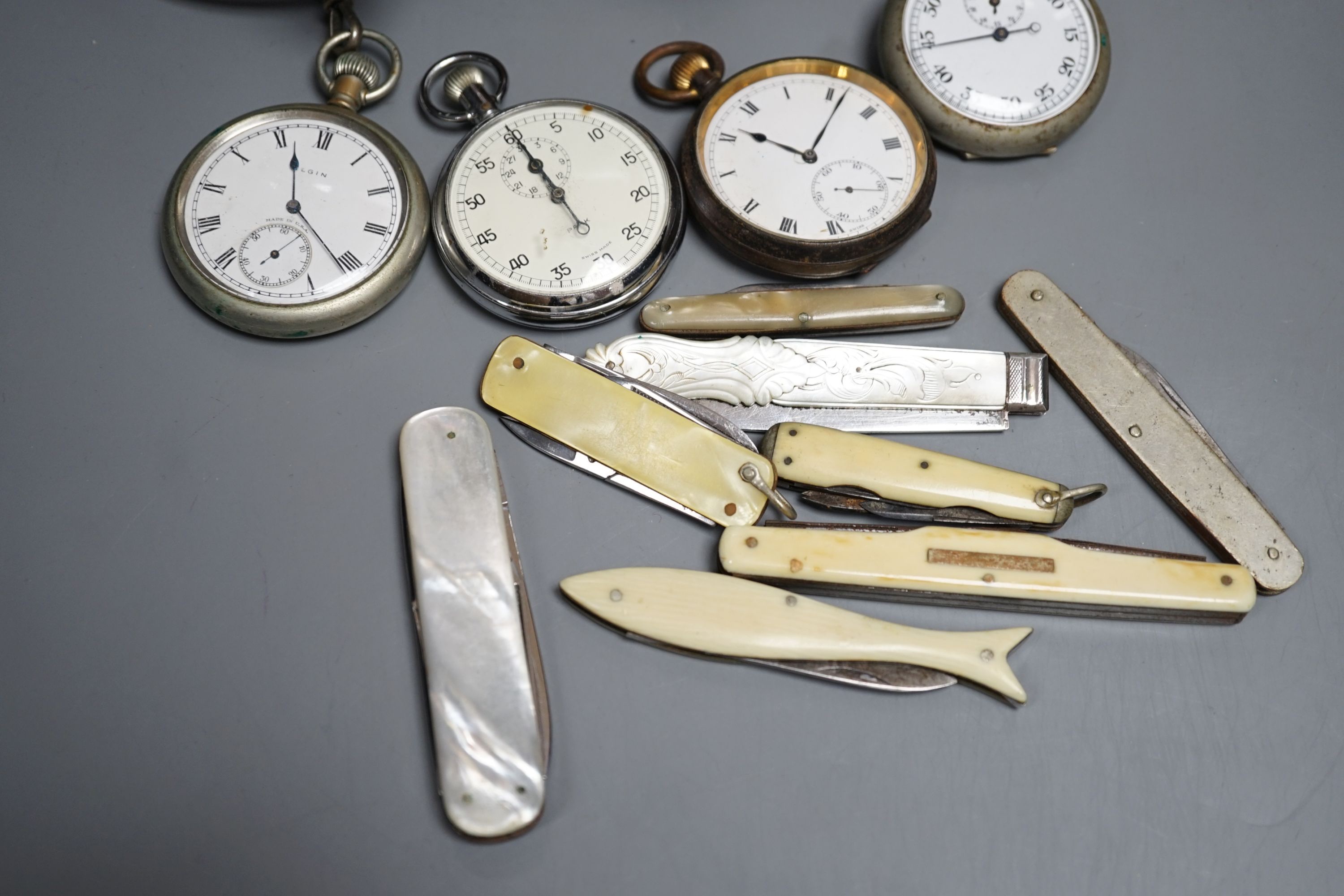 A Victorian silver fruit knife, assorted other pocket knives for watches, fishing reel etc.